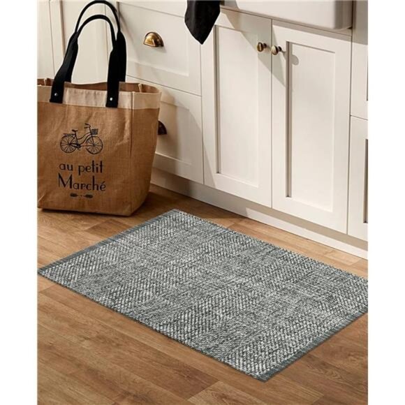 Washable Bathroom Rug, 2' x 3' Woven Entryway Rug Grey Reversible Front Door Mat - Picture 2 of 7